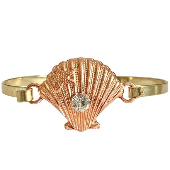 Scallop Sea Shell Bracelet Bangle Nautical Island Beach 7.5" Gold Plated Crystal - Picture 2 of 12